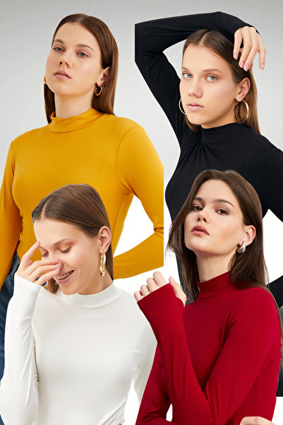 Bipantolon Women's Black White Burgundy Mustard 4-Piece Finger Detailed Bodysuit