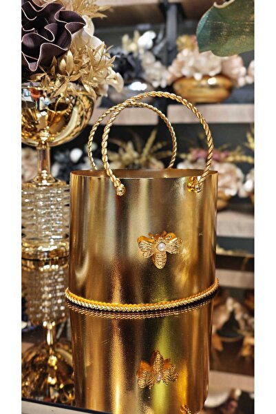 LeylArt Çanta saksı- Altın Arı Figürlü Dekoratif Metal saksı