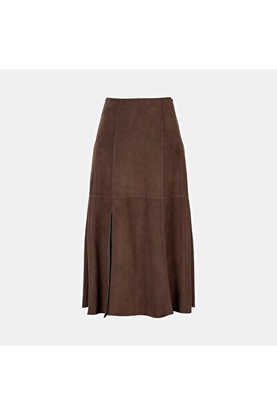 Desa Women's Brown High Waist Midi Length Suede Skirt