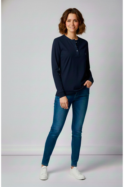 erba Women's Button Detailed Crew Neck Long Sleeve Cotton Blouse