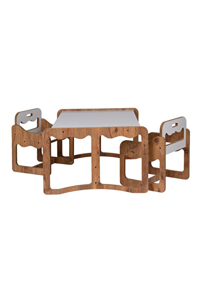 BEEVOLİ İki Kişilik Ceviz–Beyaz Montessori Çocuk Çalışma Masası ve Sandalye, ...