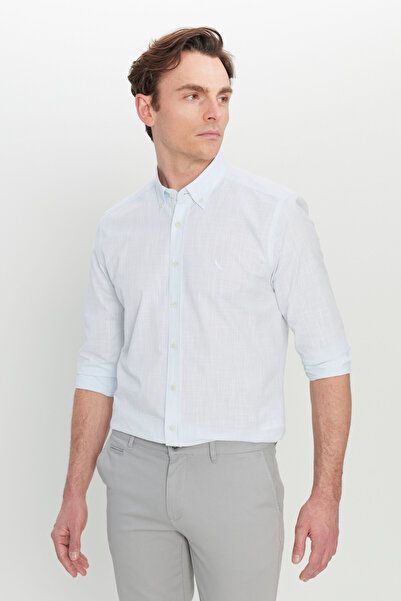 ALTINYILDIZ CLASSICS Men's Blue 100% Cotton Flared Slim Fit Slim Fit Dobby Button down Collar Shirt