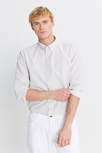 ALTINYILDIZ CLASSICS Men's Beige Tailored Slim Fit Slim Fit Button Collar Seersucker Patterned Shirt