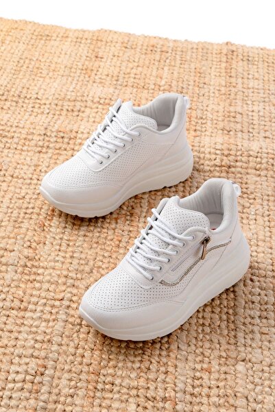 Zerenyus Zri̇n-207 Premium White Lace-Up Zippered Women's Sneaker with Stone Accessories