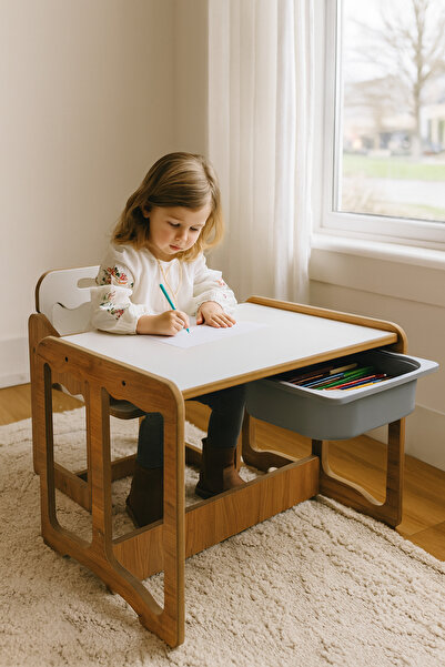 BEEVOLİ Montessori Tek Kişilik Masa Sandalye Takımı, 18mm Ceviz-Beyaz MDF, Gr...