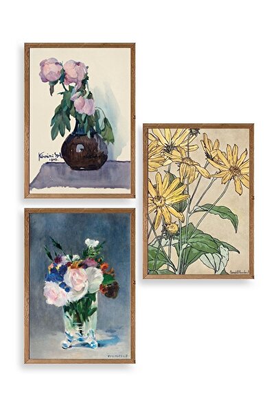 CT STONES Flowers in a Vase Triple Wooden Framed Painting