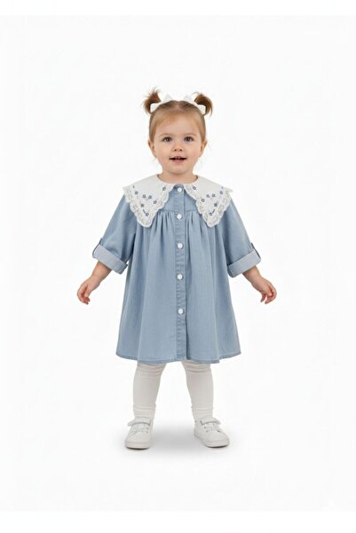 Noy Noy KIZ BEBEK - ÇOCUK ÇİÇEKLİ YAKA DETAYLI KOT ELBİSE