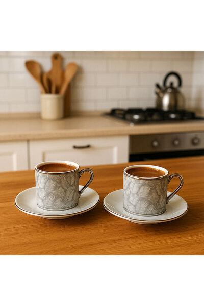 SİHİRLİ AYAKLAR Set of 2 Leaf Patterned Gilded Porcelain Turkish Coffee Cups Stylish and Useful Cup Set 100ml