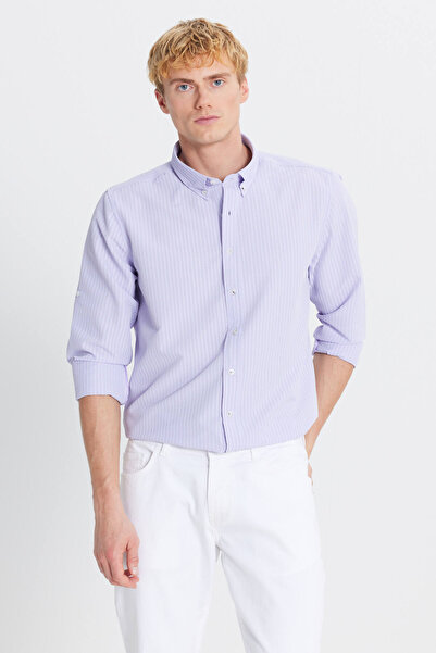 ALTINYILDIZ CLASSICS Men's Lilac Tailored Slim Fit Slim Fit Button down Collar Seersucker Shirt