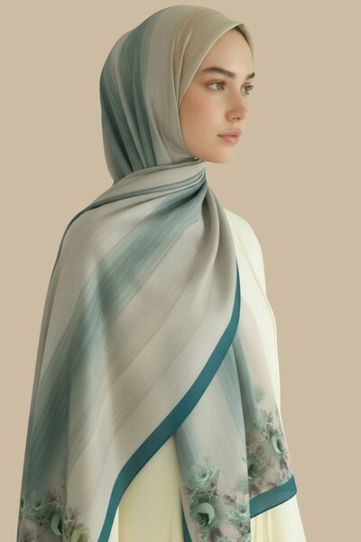 Karaca Eşarp ÇİÇEK DESEN DOĞAL ELYAF ŞAL - TURKUAZ