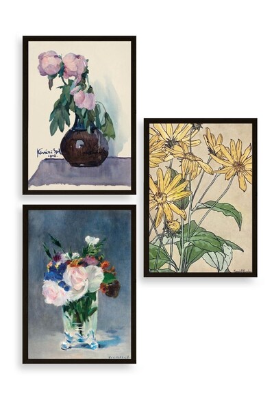 CT STONES Flowers in a Vase Triple Wooden Framed Painting