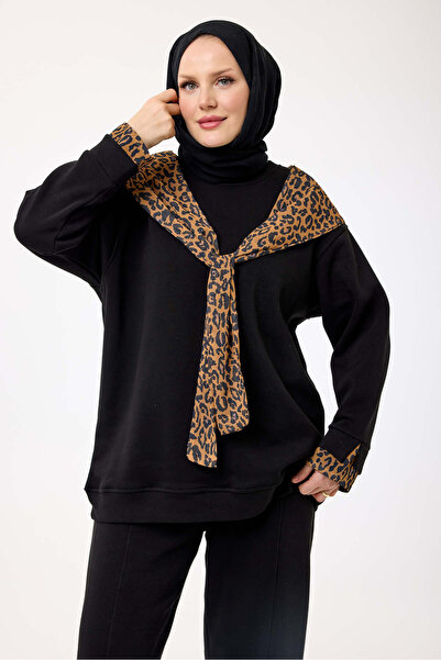 My City 6186 - 3 İplik Ş Fleece-Lined Casual Basic Women's Sweatshirt with Leopard Shawl Detail