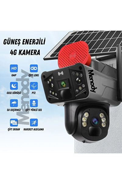 menody 6mp Çift Lensli Sim Kartlı Güneş Panelli Solar Sirenli Güvenlik Kamerası