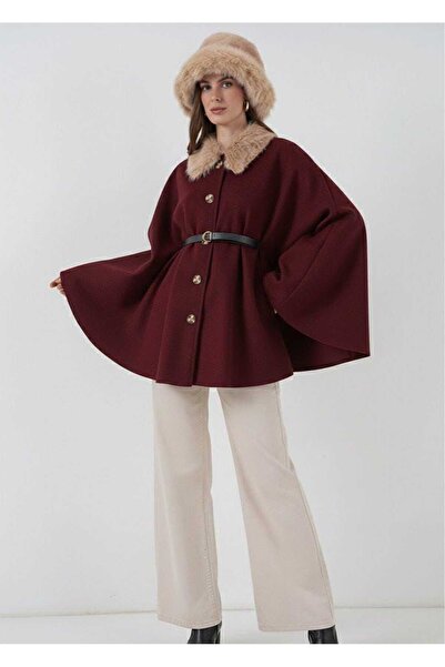 Bulut Giyim Kadın Kemerli Kaşe Bordo Panço