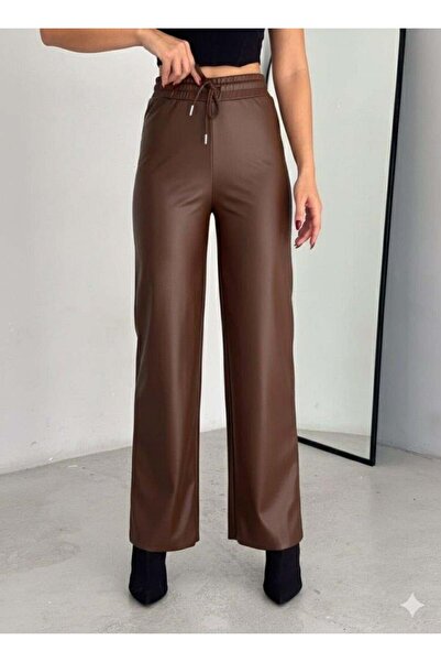 Aymood High waist wide leg Fleece-Lined leather pants.
