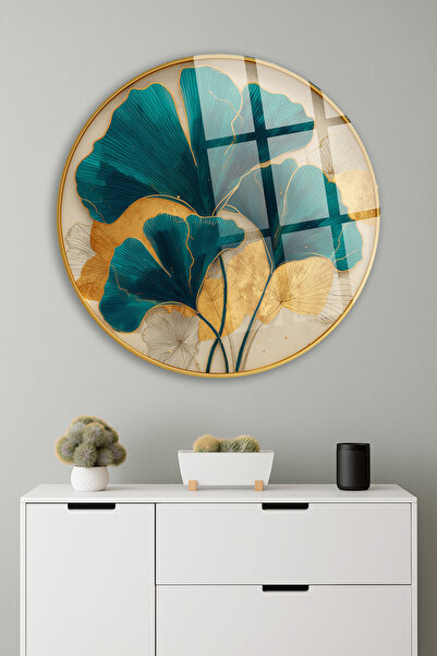 TAULART Turquoise Gold Ginkgo Leaf Pattern Modern Art Unbreakable Luxury Glas...