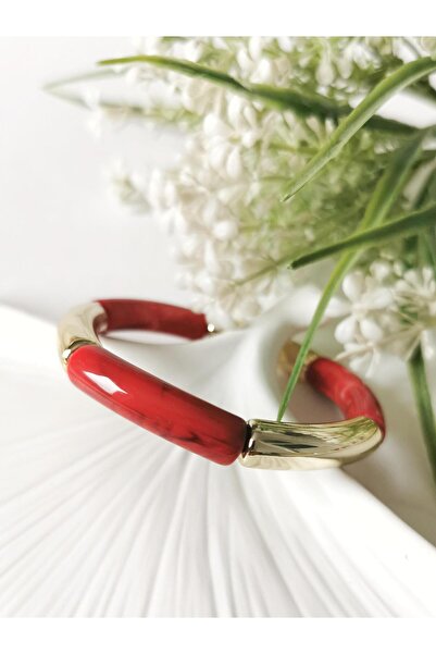 Halley Concept Gold Detailed Elastic Red Bracelet