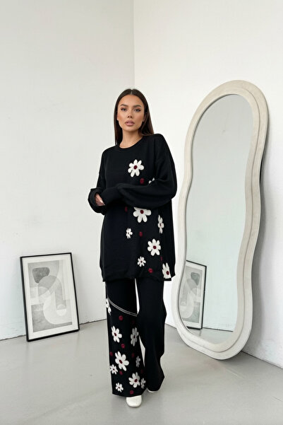 NEWCO طقم تريكو نسائي بتصميم زهرة الأقحوان مع بنطلون واسع الساق مكون من قطعتين