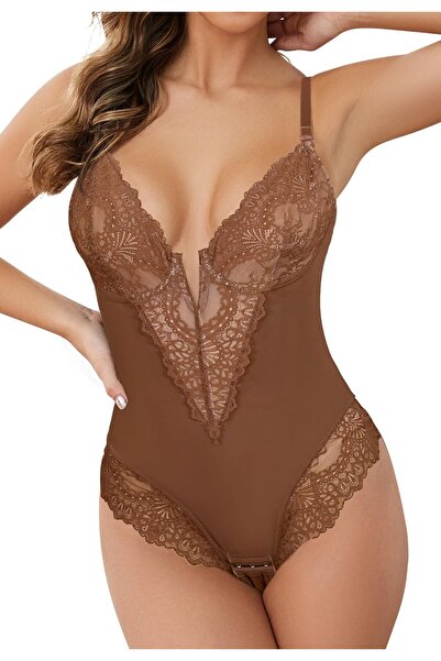 SHEKINI Body modelator din dantelă, fără spate, pentru femei, cu control al a...