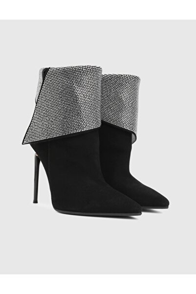 İLVİ Tenerife Hakiki Süet Deri Siyah Topuklu Kadın Bot