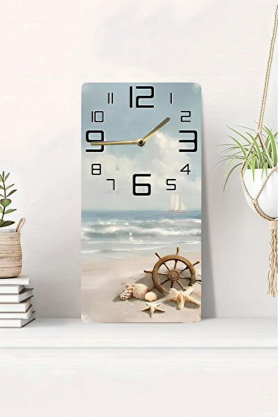 kutuTR 3D Görünümlü 2D UV Baskı Deniz Temalı Gemi Dümeni MDF Tablo Saat 20x40 cm-DTS056