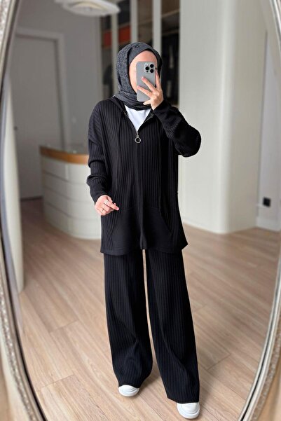 Ka Hijab Hooded Corded Fabric Knitwear Set - Black