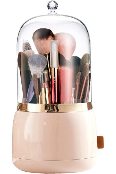 Generic Makeup Brush Holder Organizer with Lid 360 Rotating Dustproof Storage Bin for Vanity Desk