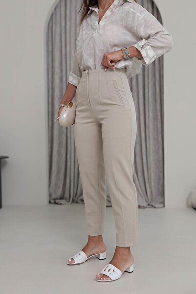 Telablanka Karol Front Flotale Fabric Trousers _Kirçilli Bej