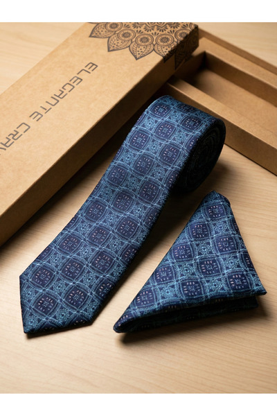 Elegante Cravatte ربطة عنق ومنديل جيب بنمط مربع باللون الأزرق الداكن - في علبة خاصة