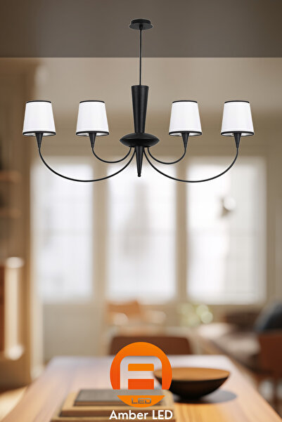 AmberLED Modern Abajur Başlıklı 4'lü Avize Siyah Metal Gövde E27 Uyumlu