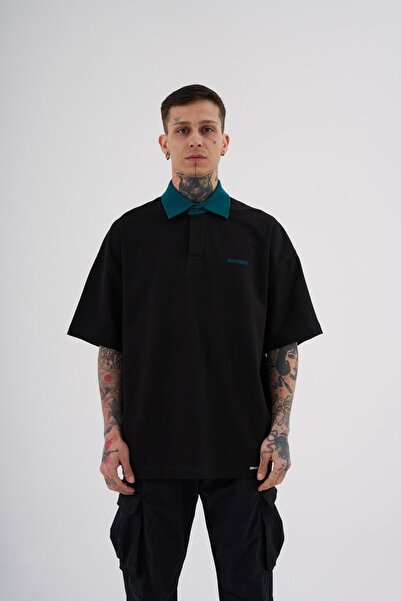 Machinist Men's Basic Oversized Polo Neck T-Shirt Black-Olive Green