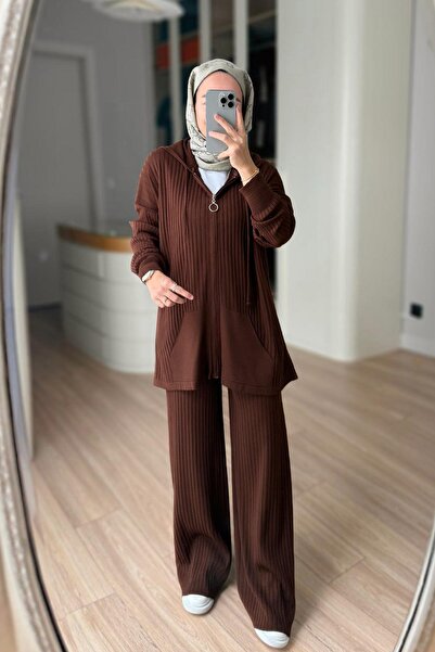Ka Hijab Hooded Corded Fabric Knitwear Set - Brown