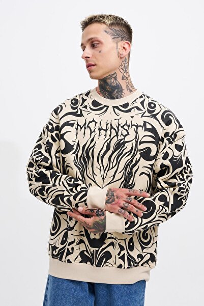 Machinist Men's Skull Printed Oversized Sweatshirt Light Beige