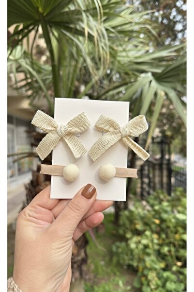 Toka Perisi Kız Bebek Çocuk Krem Dantel Fiyonk Ponpon 4’lü Toka Seti