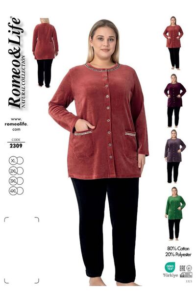 ROMEO LİFE Women's Plus Size Cotton Velvet Tracksuit Set / Copper-Black - 2309