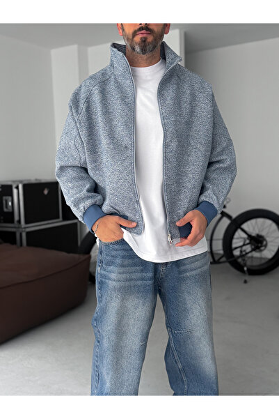 BYBASICMAN Blue Zippered Distressed Bomber Jacket Jj-175