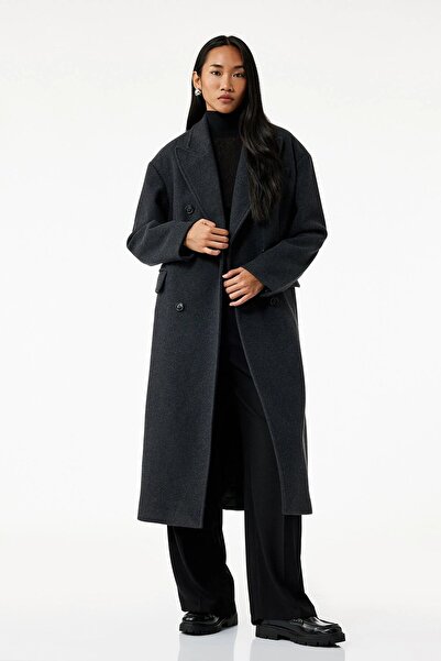 Koton Kadın Kruvaze Yaka Uzun Kollu Düğmeli Cepli Uzun Kaşe Kaban 6WAK00158EW