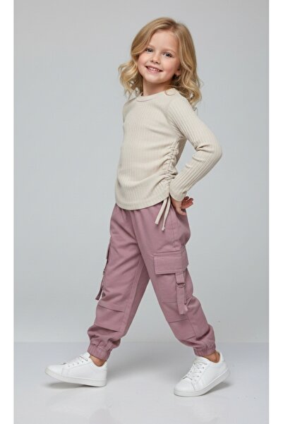 Via Kız Çocuk Fitil Badi Kargo cepli Lastikli Bel Lastikli Paça Keten Pantolo...