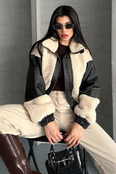 Trend Alaçatı Stili Kadın Ekru Siyah Dik Yaka Deri Garnili Peluş Ceket Alc-X1...