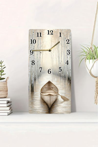 kutuTR 3D Görünümlü Orman İçinde Kayık Desenli 2D UV Baskı MDF Tablo Saat 20x40 Cm-DTS072