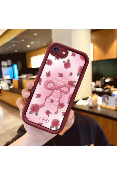 ucuc iPhone 7/8/SE 2020 2022 Uyumlu Güzel Gül Desenli Bordo Silikon Darbe Kor...