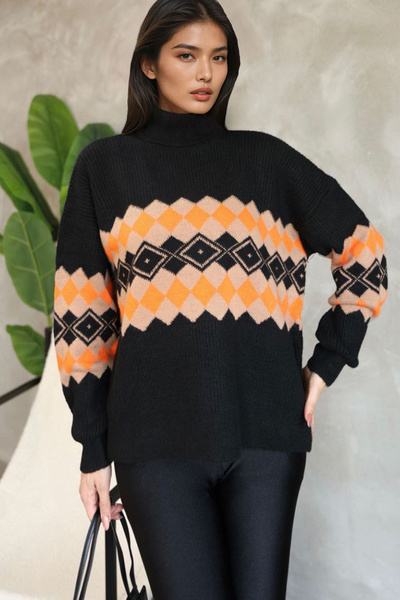 Trend Alaçatı Stili Kadın Siyah Balıkçı Yaka Baklava Desenli Triko Kazak Alc-...