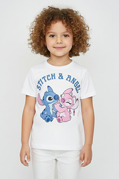 Vaxy Style Kız Çocuk Bisiklet Yaka Relax Fit Pamuklu Lilo & Stitch ve Angel B...