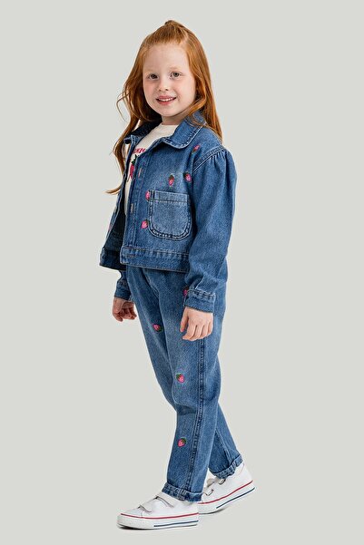 Cansın Mini Pink Strawberry Embroidered Jean Jacket and Pants Girl's 3-Piece Set 23429