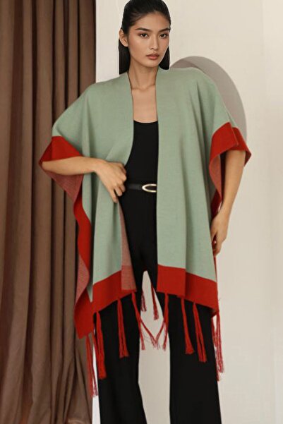 Trend Alaçatı Stili Women's Green Contrast Stripe Tasseled Poncho Alc-X14746