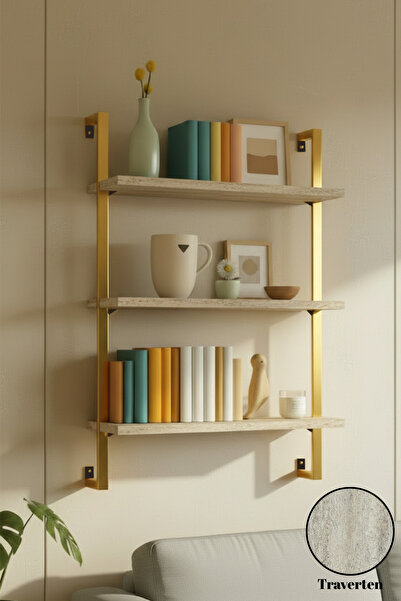 Euromob 60x20 cm Gold Metal 3 Raflı Duvar Rafı | Kitaplık & Mutfak Banyo Orga...
