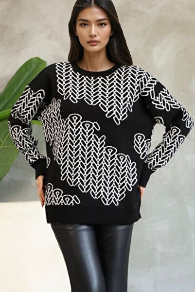 Trend Alaçatı Stili Pulover tricotat cu model guler rotund negru pentru femei...