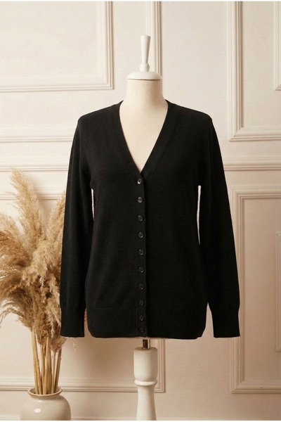 FATELLA Cardigan tricotat cu nasturi, negru, cu decolteu în V, pentru femei