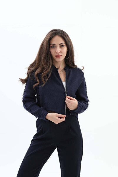 VELİZADE Cardigan scurt pentru femei, albastru marin, cu fermoar, guler înalt...