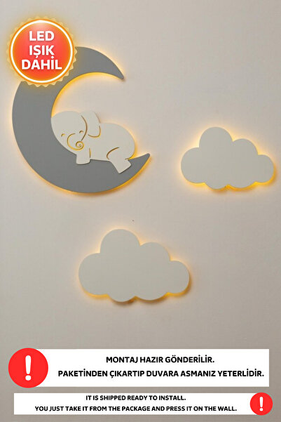 Dekorvin 3lü Set 2 Bulut 1 Ay Led Işık Gece Lambası Bebek Çocuk Odası Duvar D...